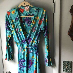 Vintage 1960's Robe Loungewear By LOLL EASE size small Floral Aqua Blue Mod